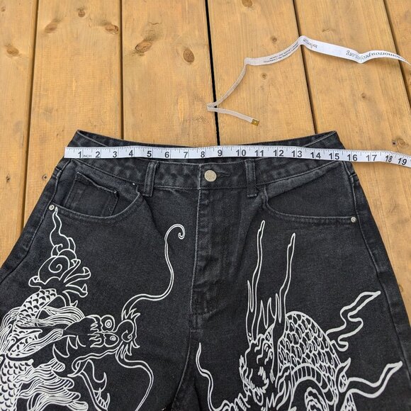Y2K Aesthetic Black Denim Wide Leg Jeans with White Dragon Graphic Print - Picture 6 of 7
